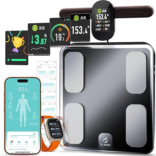 CLORIS Digital Smart Scale for Body Weight Fat BMI Muscle Mass 28 Body Composition Measurement Health Analyzer 8 Electrodes with App Bluetooth, Full-Color TFT LCD