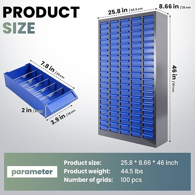 100 Drawers Nut and Bolt Organizer, 26x9x46 Stainless Steel Parts Cabinet with Shelfs & Labels Bolt Organizer for Workshop Tool & Hardware Storage and Organization (100 Drawers)