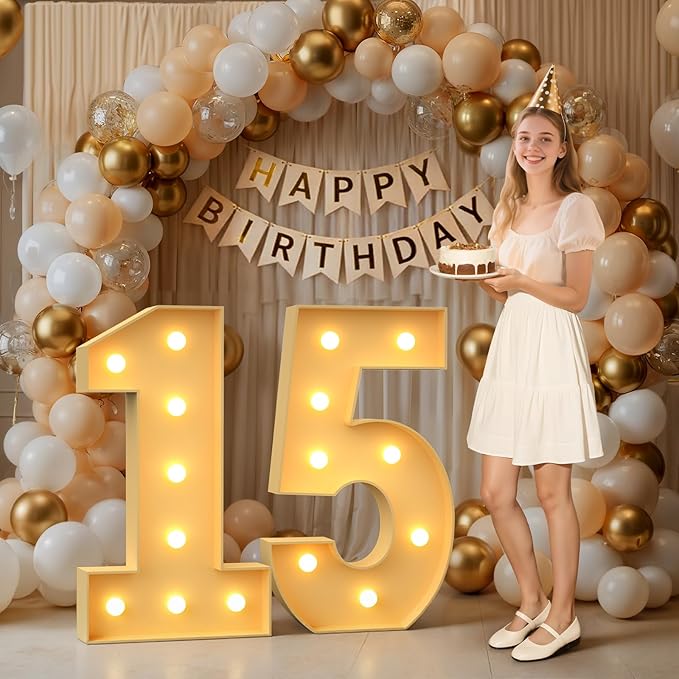 Mixifox 3FT Marquee Numbers 15, Large Light up Number 15 for Birthday Party Supplies, Sign, Backdrop, Happy 15th Birthday Decorations for 15 Years Old