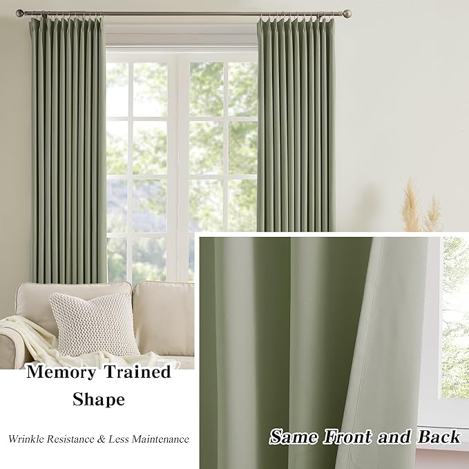 KEQIAOSUOCAI 90 Inch Light Sage Green Eucalyptus Color Blakcout Curtains with Pinch Pleat,Room Darkening Energy Saving Insulated Window Treatments for Bedroom/Closet(2 Panels, 40 x 90 Inch, Sage)