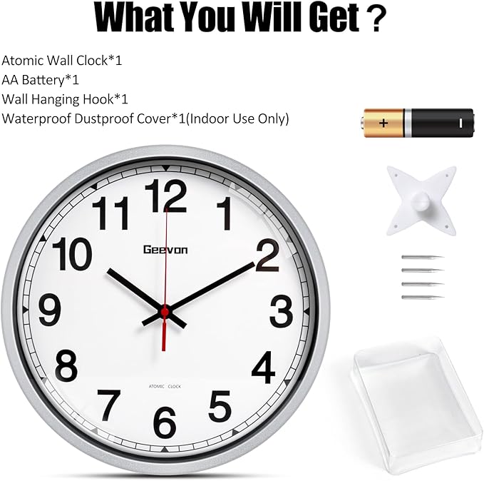 Geevon 14 Inch Atomic Wall Clock - Self-Setting Analog Clock with Automatic Time Sync - Battery Operated for Home Office School - Silver Frame