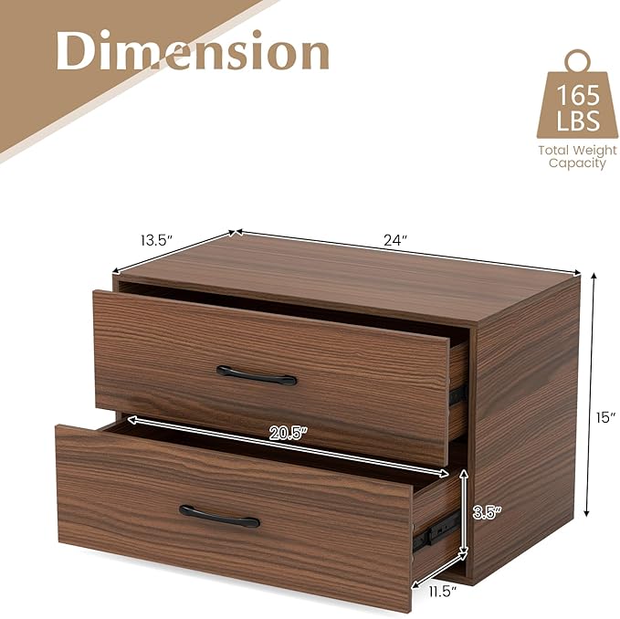 GOFLAME Stackable 2-Drawer Dresser, Wood Horizontal Storage Organizer with Metal Handle & Smooth Sliders, Lateral File Cabinet with Anti-tilt Kit for Bedroom Office, Walnut