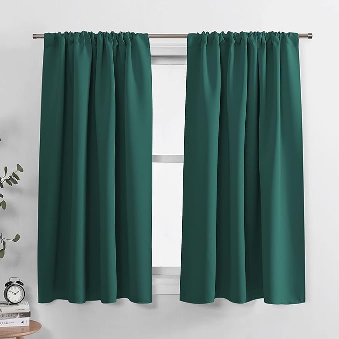 PONY DANCE Bedroom Curtains Short - Thermal Insulated Window Treatments Blackout Curtain Panels with Rod Pocket Light Block for Bathroom, W 42 by L 45 Inches, Hunter Green, 2 Pieces