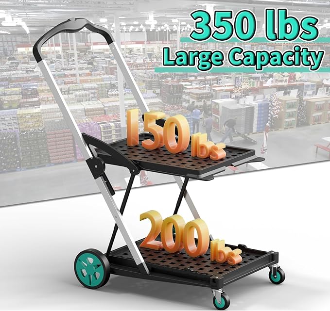 Collapsible Shopping Cart with 2 Storage Crates, Multi Use 2-Tier Grocery Carts on Wheels, 350 LBS Capacity Portable Foldable Shopping Cart for Groceries, Blue
