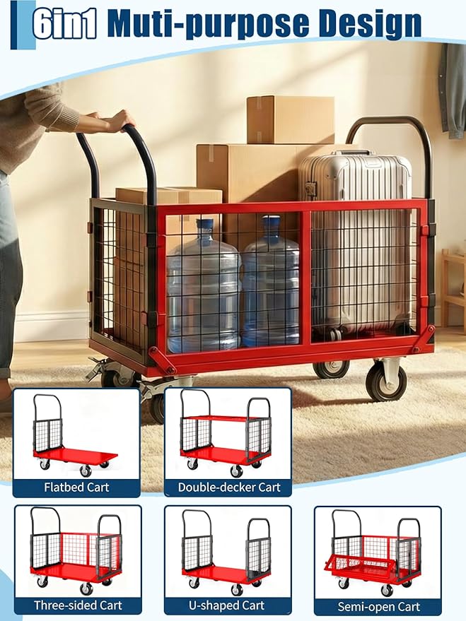Platform Truck Cart with Cage, 6-in-1 Multi-Purpose Flatbed Cart, Foldable Hand Truck Load 1800LBS with 4 Wheels Push Dolly for Grocery, Laundry, Garage, Warehouse (Red+Black)