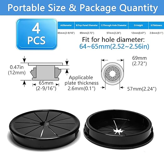 4 Pcs Cable Grommet, Snap Bushing 2-9/16" (65 mm) Mounting Diameter, Flexible Petal-Shaped Buckle Round Nylon Desk Grommet for Wires Through Countertop Cord Organizer and Protection, Black