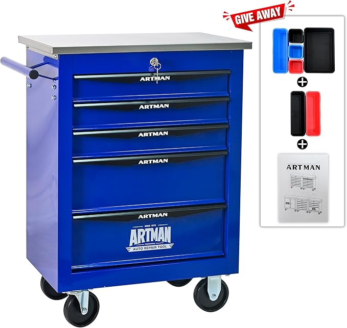 5-Drawer Heavy-Duty Rolling Tool Chest with Wheels & Steel Roof, Lockable Tool Chest Storage Cabinet for Garage, Workshop, Warehouse, and Repair Shop