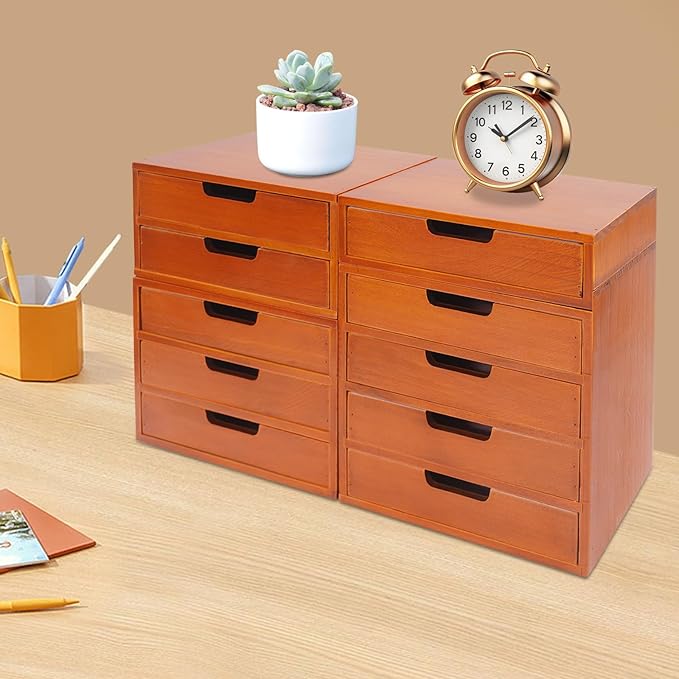 4-piece Drawer Cabinet, Organizer Sorter Container Keeper Unit Storage Box Stackable Chest Divider Shelf System with 10 Drawers & 4 Stackable Units for Home Office Study Room Dorm Bedroom(Brown)