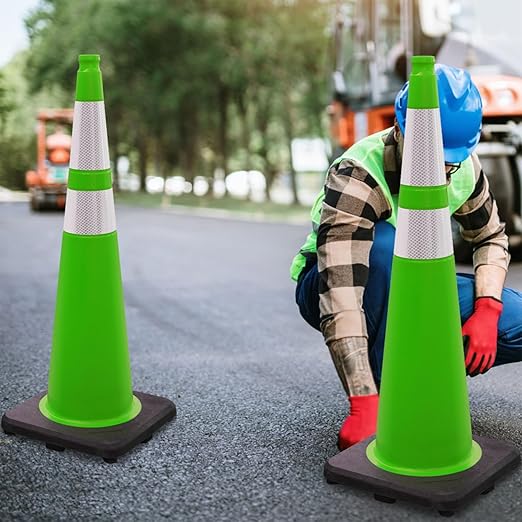 6 Pack 36" Large-Sized PVC Traffic Cones with Heavy-Duty Black Base, Garage Parking Lot Cones Structurally Stable Weatherproof Road Construction Safety Cones (6, Green, 36" Extra Large)