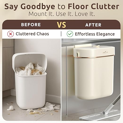 COZYTO EcoToss Exo Wall-Mounted Trash Can – White Pearl, Dual-Lid Slim Bin with No-Drill Mounting, Odor-Control Lid for Kitchen, Bathroom, RV, Small Spaces, 9.4L