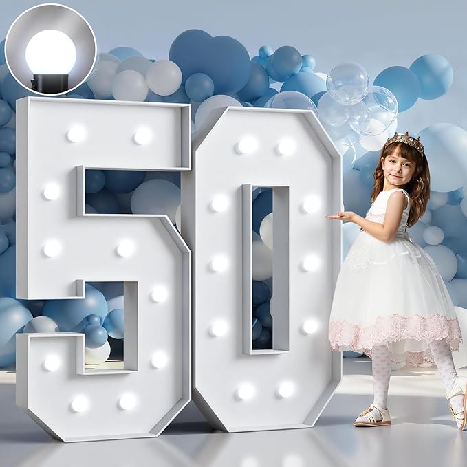 Marquee Numbers 4 Feet Tall Big Light Up Numbers 50th Birthday Decorations Women Men White Anniversary Party Decor Large Cardboard Prop Backdrop Sign 50