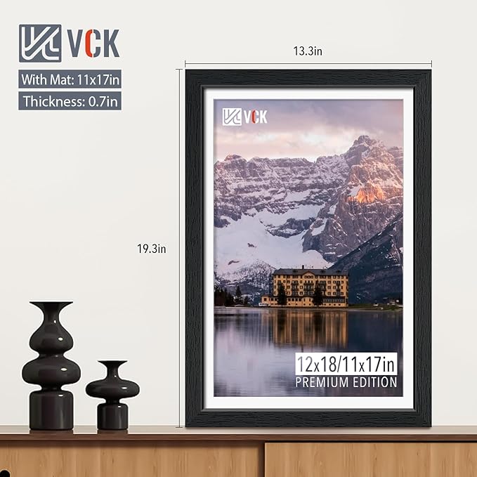 VCK 12x18 Frame 2 pk, Solid Wood Poster Frame & HD Glass | Display Picture 11x17 with Mat or 12x18 without Mat | Black