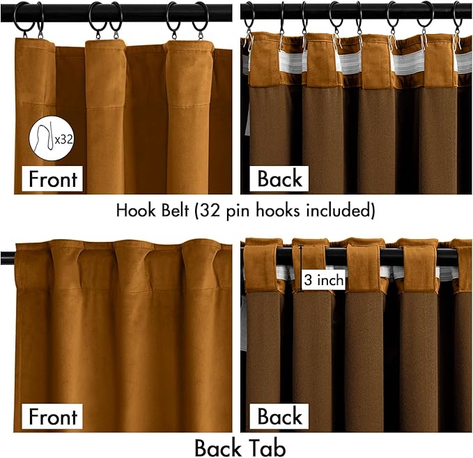 MIULEE Velvet Curtains 108 Inch Length 2 Panels Set for Bedroom, Pinch Pleat Back Tab Luxury Thermal Insulated Living Room Darkening Pleated Blackout Extra Long Window Curtain with Hooks, Golden Brown