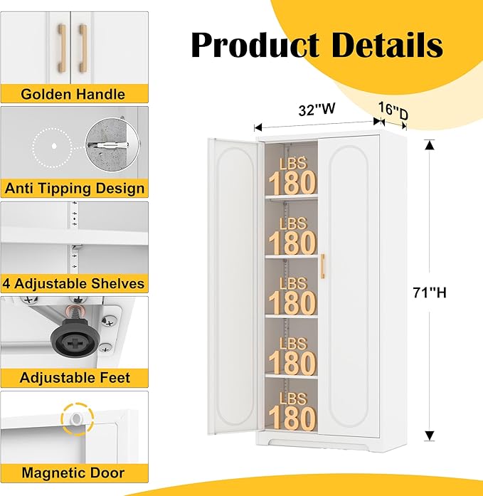 Kitchen Pantry Cabinet,71”Metal White Storage Cabinet with Doors and Shelves,Tall Cabinet with 2 Gold Hands for Dinning Room,Living Room