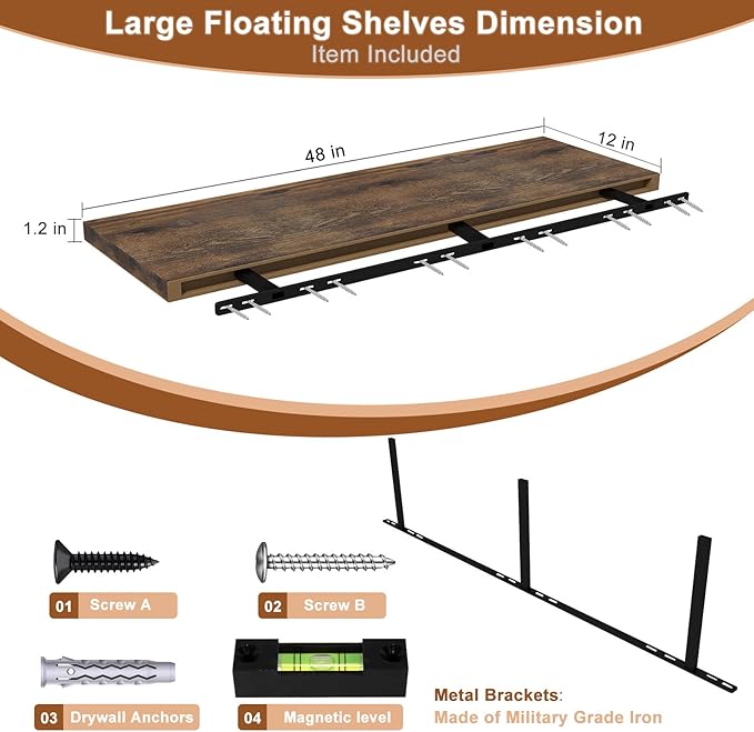 12 Inch Deep Floating Shelves for Wall 3 Pack Floating Shelfs Large Storage Space Wall Decor Display Shelf for Bathroom Living Room Bedroom Kitchen 48" W x 12" D x 1.2" H Rustic Brown