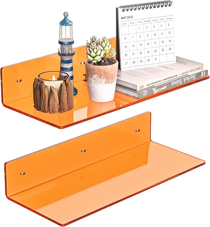 15 Inches Orange Acrylic Wall Shelves 2 Pack, L Shape Floating Shelf, Perspex Wall Mounted Shelves for Home Décor, Model Car, Candle, Calendar, Towel, Tissue