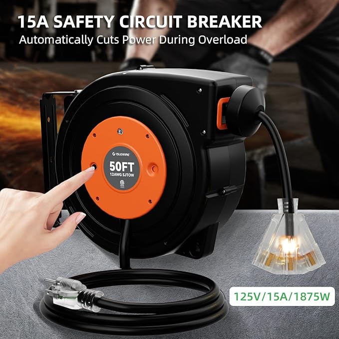50 FT Retractable Extension Cord Reel, Heavy Duty 12AWG/3C SJTOW Power Cord, Lighted Triple Tap, 15A Circuit Breaker, Wall/Ceiling Mount Electric Cord Reel for Garage & Workshop, ETL Listed, Orange