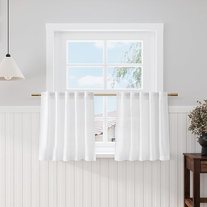 Nanspring White Small Linen Textured Curtains 24 Inch Length Light Filtering Semi Sheer Short Curtains Back Tab Rod Pocket Boho Kitchen Tier Window Curtain for Bathroom Basement Camper 26x24 Inches