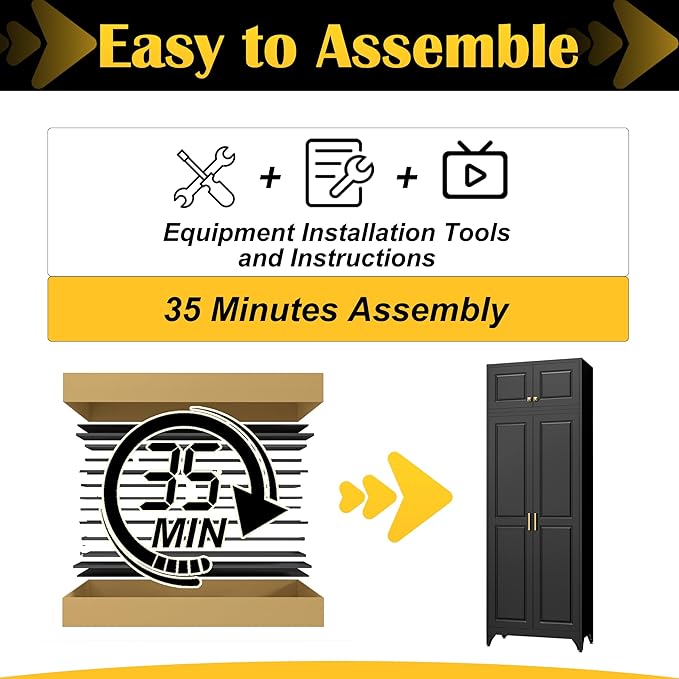 90”Kitchen Pantry Cabinet,Metal Storage Cabinets with Doors and 4 Adjustable Shelves,Black Kitchen Cabinet with 2 Gold Handles,Tall Cabinet for Livingroom, Bathroom