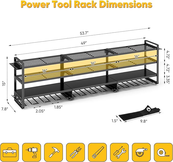 49" W Large Power Tool Organizer Wall Mount, 4 Layer Heavy Duty Loads 800 lbs, Tool Rack Holds 12 Cordless Drills, Large Capacity Battery Holder for Garage Storage, Christmas Gift for Men