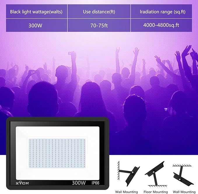 2 Pack 300W LED Black Lights Outdoor, Flood Blacklight Light with Plug, 395nm to 410nm IP66 Waterproof for Dance Party, Glow in The Dark, Stage Lighting, Body Paint, Fluorescent Poster, Neon Glow