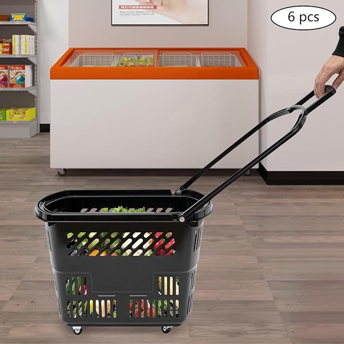 6PCS Plastic Shopping Basket with Handles & Wheels, 35L Rolling Shopping Carts, Grocery Basket with 4 Wheels and Handle, Portable Shopping Basket for Retail Stores, Supermarkets (6PCS - Black)
