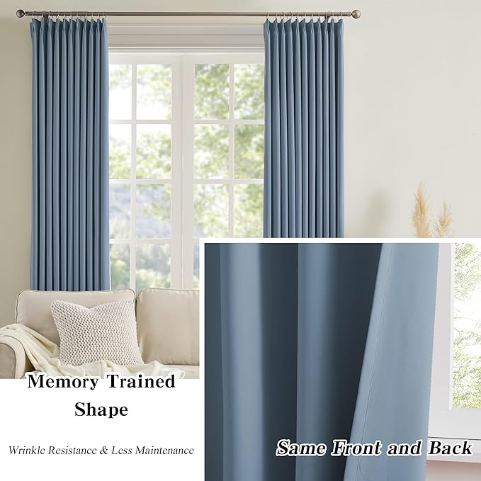 KEQIAOSUOCAI Pinch Pleated Dark Slate Steel Blue Curtains 96 Inches Long, Luxury Room Darkening Window Treatment Drapes for Nursery Bedroom Living Room, 40 x 96 Inch, Dusty Stone Blue, Set of 2