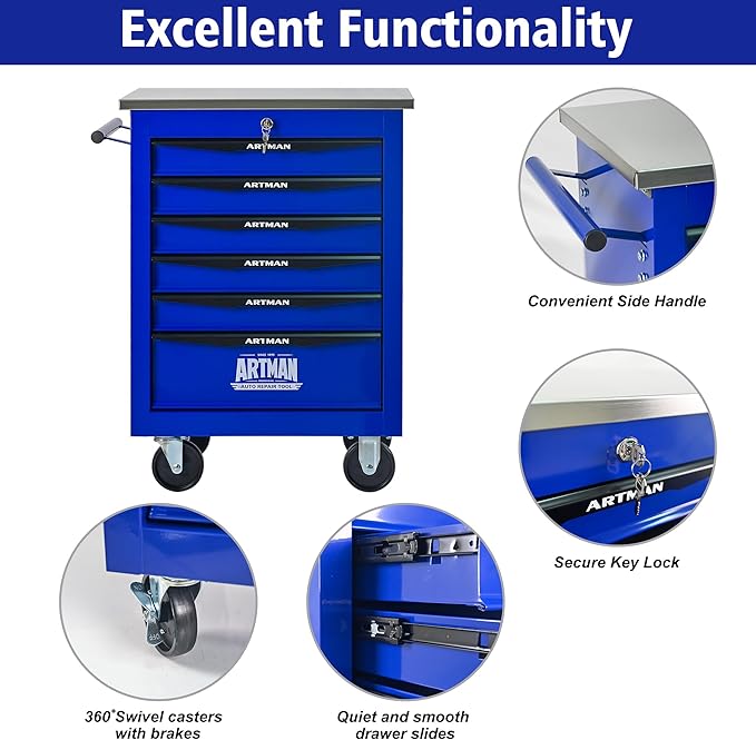 6 Drawers Tool Cart on Wheels with Stainless Steel Worktop, Heavy Duty Mobile Rolling Drawer Tool Chest with Locking Wheels & Lockable Drawers, Garage Tool Storage Cabinet (Blue, 6 Drawers)