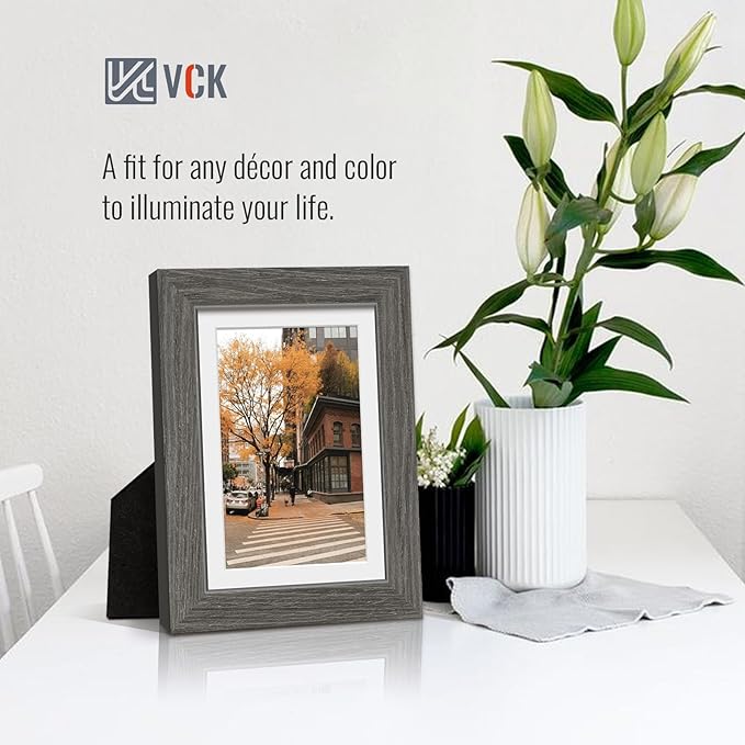 VCK 5x7 Picture Frame 2 Pack - Grey, High-End Wood Poster Frames with Tempered Glass, Display 4x6 Photo with Mat or 5x7 without Mat, Art Gallery-Quality, Wall Hanging/Tabletop, Grey