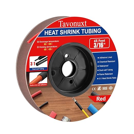 3/16" 65ft 3:1 Heat Shrink Tubing with Adhesive Lining - Marine Grade, Ideal for Home, Automotive, and Industrial Use - Red