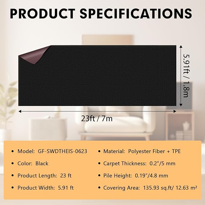 Marine Carpet,6 FT x 23 FT Black Indoor Outdoor Carpet 0.2" Thick Boat Carpet with Water-Proof TPE Backing, Non-Slide Outdoor Marine Carpet Roll for Home, Patio, Porch, Deck