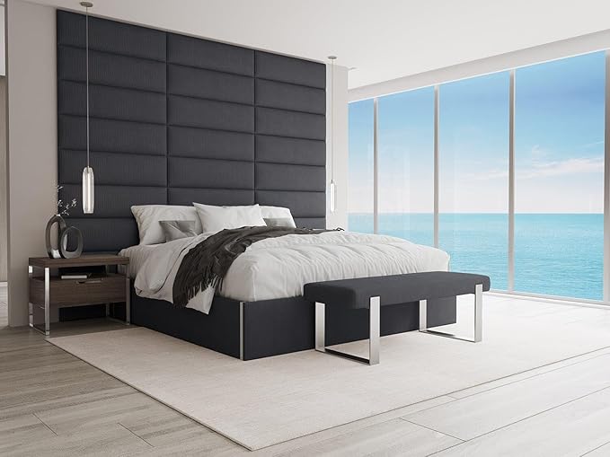 VANT Upholstered Bed Bench - Ribbed Midnight Blue - Brushed Nickel - Contemporary Modern, Bedroom Bench Seat, Hallway, or Entryway