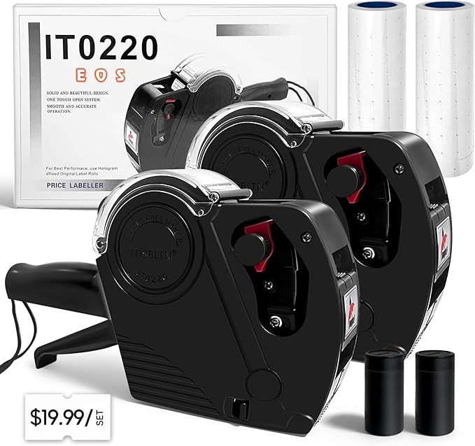 2 Pack 1 Line Price Gun, 0-9 Numbers Pricing Gun Handheld Price Tag Gun with 10,000 Blank White Price Labels Set,2 Ink Rollers, 1 Ink roll pre-Loaded for Grocery Store, Supermarket, Shopping Mall
