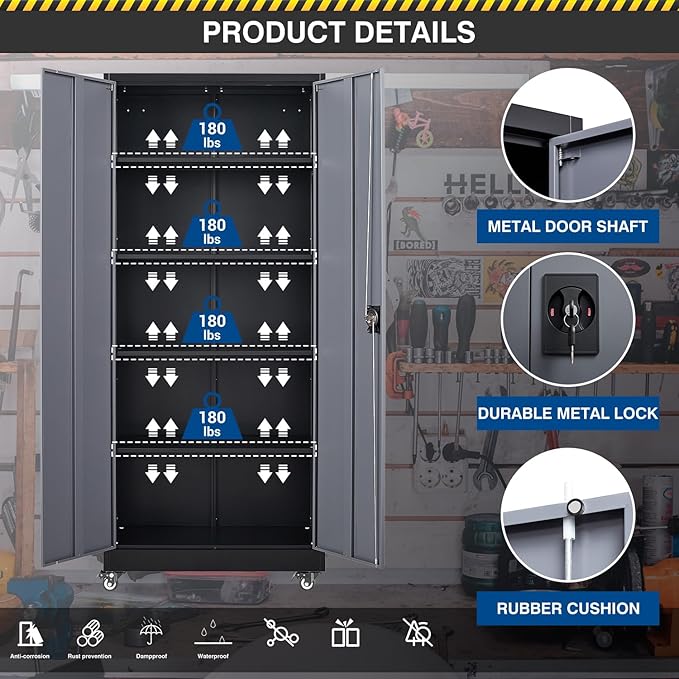Metal Rolling Storage Cabinet-74.6” Tall Steel File Cabinets with Wheels Lockable Doors and Adjustable Shelves-Black & Gray Steel Storage Cabinet for Home, School, Office, Garage