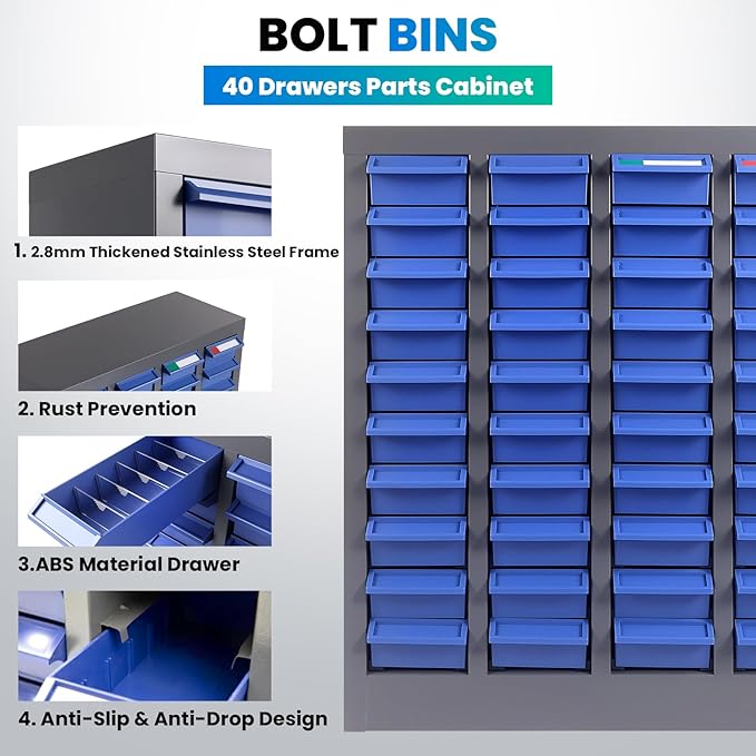 40-Drawer - Nut and Bolt Organizer | Stainless Steel Part Storage Cabinet | Shelves & Labels | Each Drawer 3.9" D x 7.8W x 2" H | Durable Hardware Storage for Small Parts/Tool (Classroom, Home)