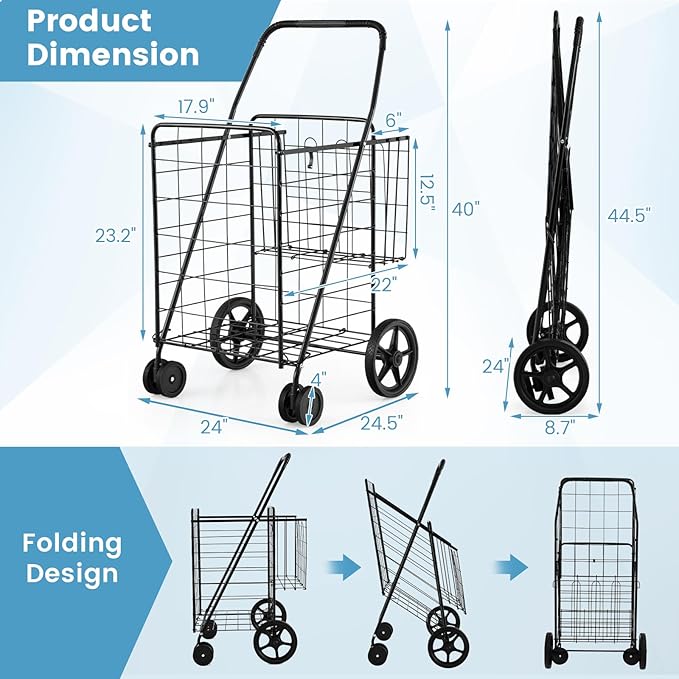 COSTWAY Folding Shopping Cart, Metal Grocery Cart with Extra Basket, 360° Swiveling Front Wheels & Comfortable Handle, Light Weight Collapsible Utility Cart for Laundry, Camping (Black)