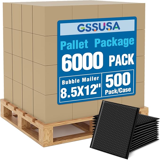 GSSUSA Black Bubble Mailers 8.5x12 Padded Envelopes,1 Pallet Pack of 6000 Self-Seal Packaging Bags, Small Business Supplies, Shipping Envelopes, Mailing Bags, Packaging for Small Business