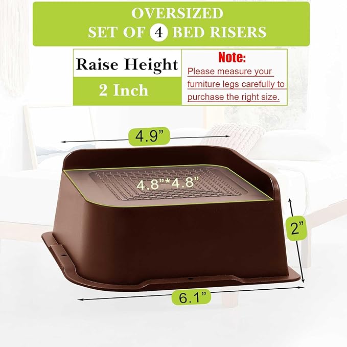 Bed Risers 1 inch, 2 inch, 3 inch, 4 inch, 6 inch, 8 inch Heavy Duty, Oversized Furniture Riser for Couch Sofa Table Chair Leg Frame Dorm, Support up to 6000 Lbs (Chocolat Brown 4 Pack, 2 inch)