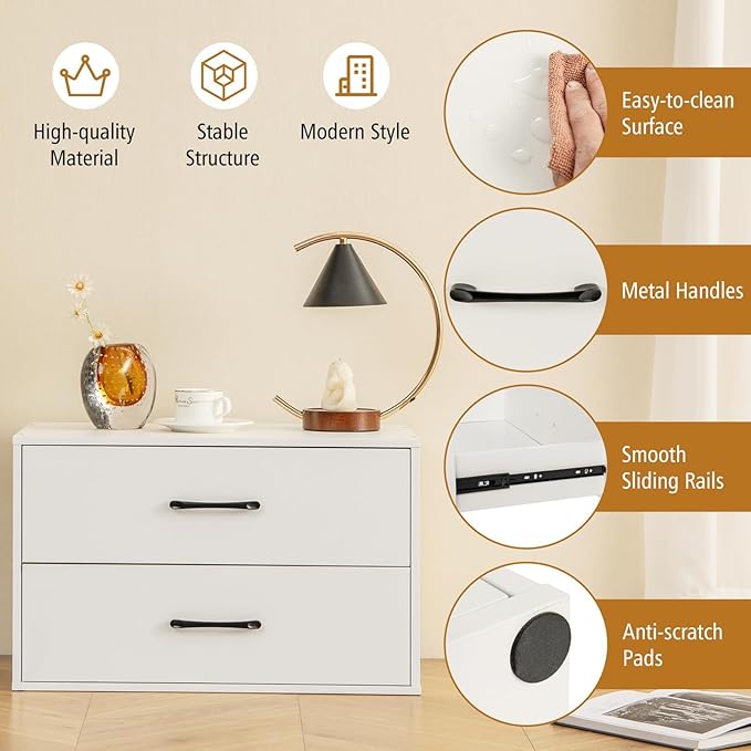 SIMOE White Stackable 2-Drawer Dresser for Bedroom, Short Storage Cabinet with Handles and Anti-Topping Device, Small Chest of 2 Drawers for Bedroom