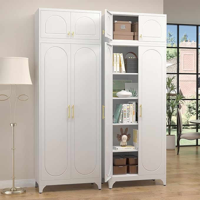 Metal Storage Cabinet and Wall Upper Storage Cabinet,90Inch White Kitchen Pantry Cabinets with 4 Adjustable Shelves,Tall Food Cupboards for Living Room, Dining Room Office