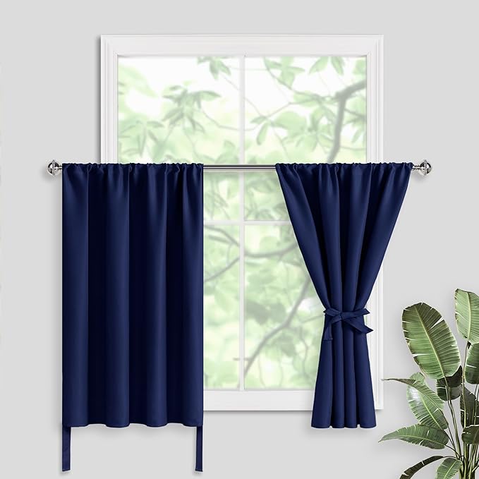 JIUZHEN Short Blackout Curtains for Small Window - Cafe Room Darkening Privacy Energy Saving Window Curtains Tiers for Bathroom,Kitchen, W 42 x L 30, Set of 2 Panels with Tiebacks, Navy Blue