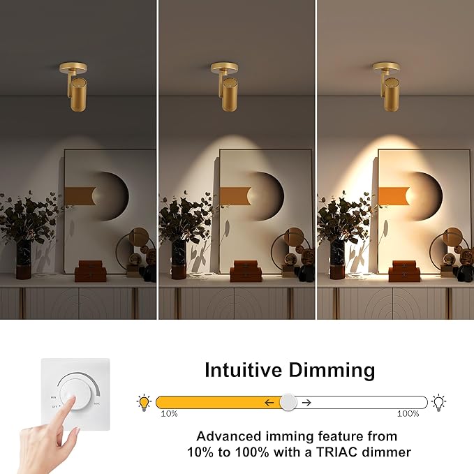12W LED Gold Dimmable Zoomable Ceiling Spotlight Indoor – Adjustable Surface Mount Accent Light for Corridor, Living Room, Plants & Painting | Warm White 3000K CRI 97, Flicker-Free, 4 Packs