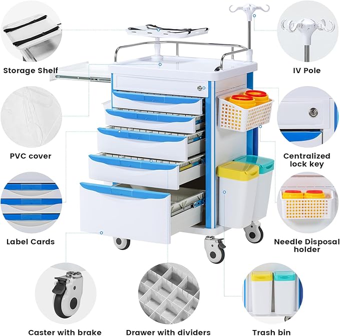 5-Tier Medical Cart, Hospital Emergency Rolling Crash Carts with Adjustable IV Pole, Silent Casters, Trash Bin & O2 Holder, Needle Disposal Holder - Ideal Nursing Trolley for Clinics, Hospitals