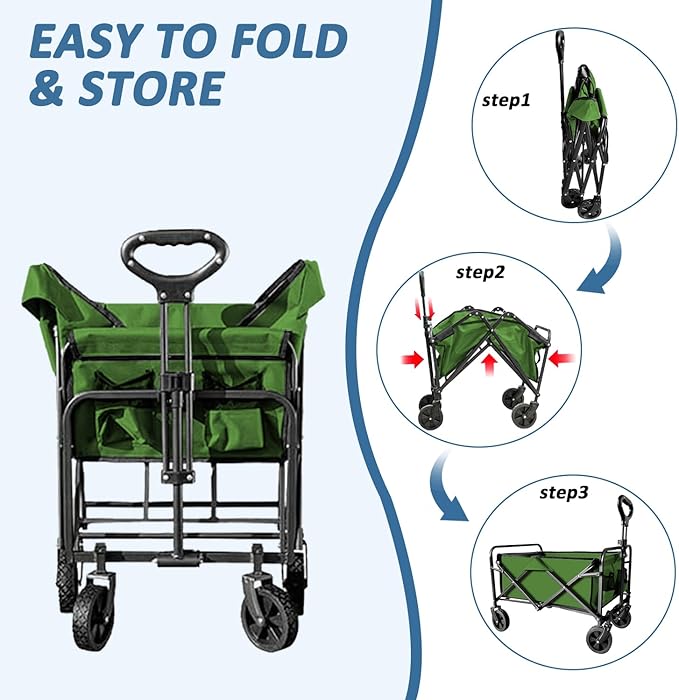 Collapsible Utility Cart Folding Wagon, 220 lbs Capacity Lightweight Rolling Cart with Quiet Wheels, Quick-Fold Design for Camping, Shopping, Ourdoor Use, Green