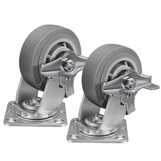 5'' × 2'' Caster Wheels, Heavy Duty Industrial Casters, Rubber Wheels with Roller Bearing, Load 700lbs per Swivel Caster for Cart Dolly Toolbox Trolley (2 Brake)