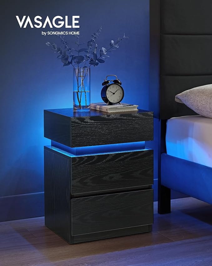 VASAGLE Nightstand with LED Lights, Adjustable Light Colors, Bedside Table, Side Table with 3 Drawers, Modern Style, 13.8 x 15.7 x 21.7 Inches, Ebony Black LET630T58