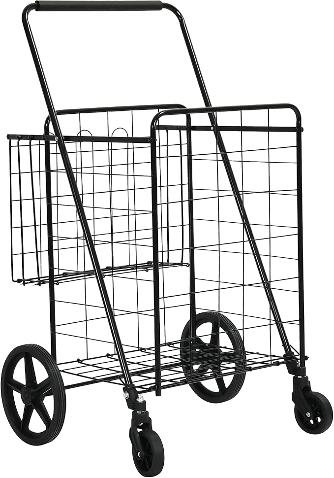 YITAHOME Folding Shopping Cart with Wheels, Rolling Foldable Grocery Cart with Versatile Rear Basket, Portable Collapsible Utility Cart for Shopping Groceries Laundry Storage Organizer