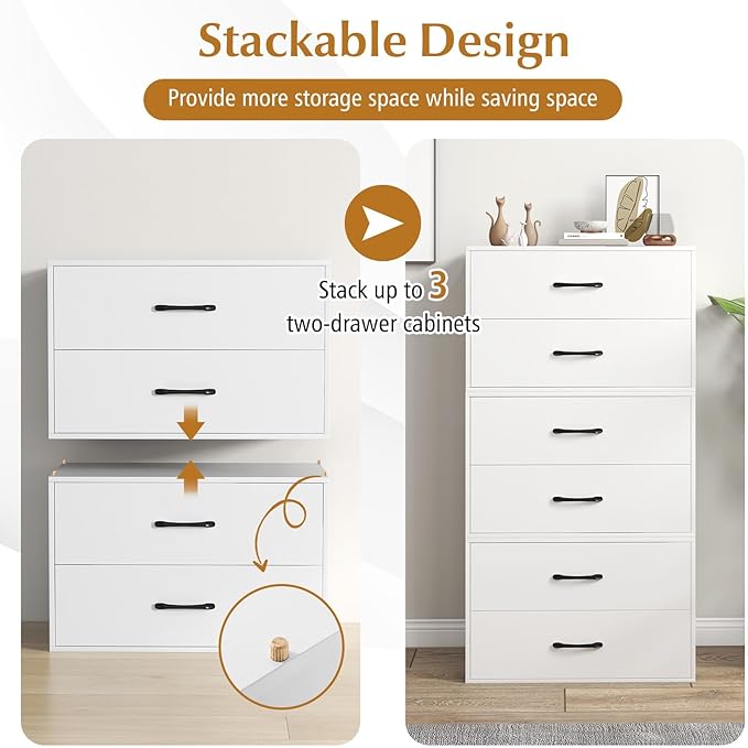 SIMOE White Stackable 2-Drawer Dresser for Bedroom, Short Storage Cabinet with Handles and Anti-Topping Device, Small Chest of 2 Drawers for Bedroom