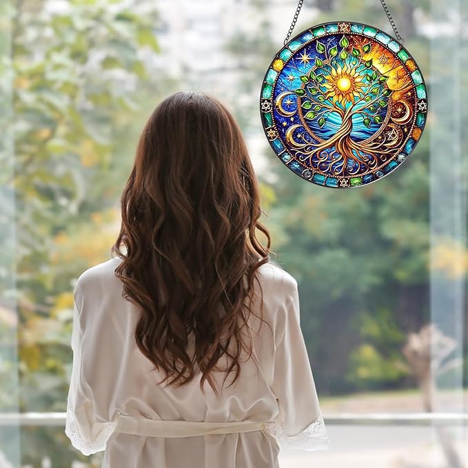 Tree of Life Stained Glass Window Hanging,7.87 Inch Sun Catcher Indoor Window Decorations Panel,Decor for Home,Garden,Festival,Mother’s Day,Housewarming Gift for Mom