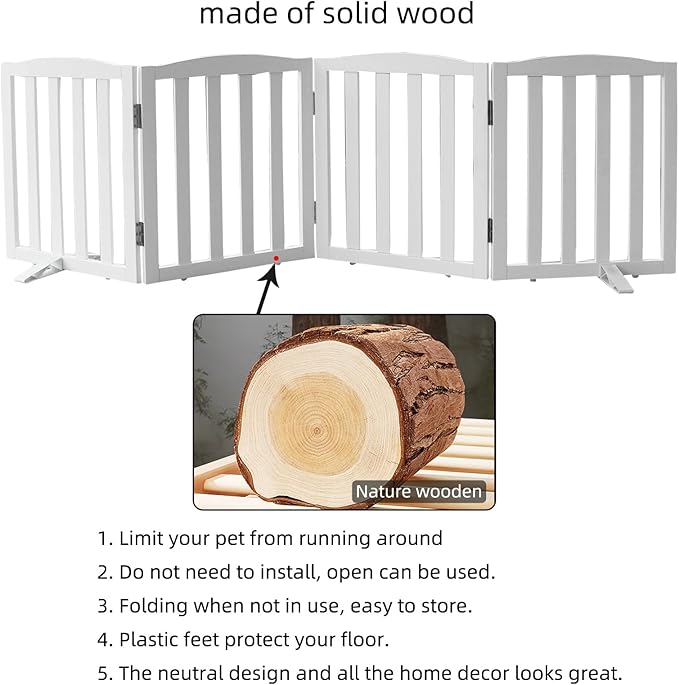 Freestanding Dog Gate Indoor,Doggie Gate Foldable Dog Gates for Doorways,Stairs or Hallways, Wooden White Pet Gate for The House, Pet Fence with Support Feet Included,24 "Height-4 Panels